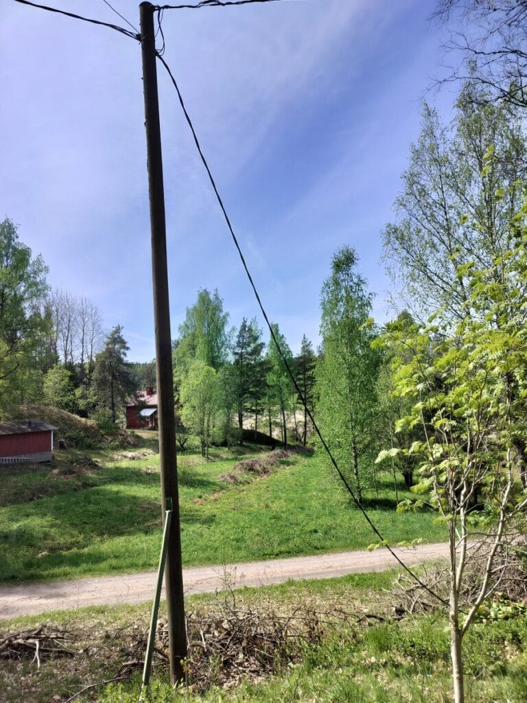 Sähkölinjan lasku ja puunkaato käynnissä Teijolla. Kahden sähköjohdon välissä ja omakotitalon vieressä ollut puu kaadetaan turvallisesti, kun linja on laskettu maahan.